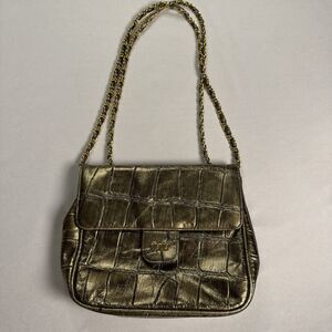 Y2K Metallic Gold Croc Emboss Shoulder Bag Chain Strap Retro Glam Party Purse